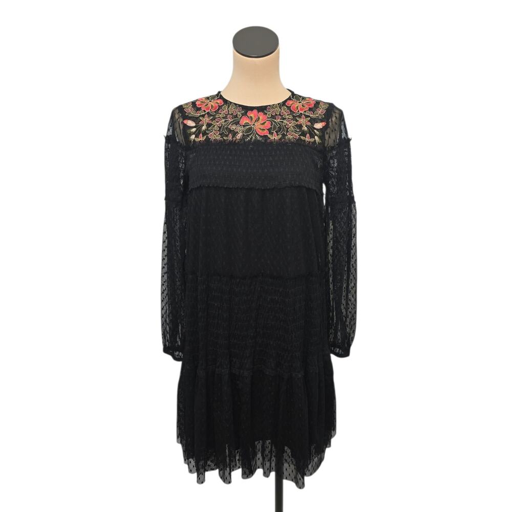 Maeve Anthropologie Black Embroidered Floral Lace Sheer Polka Dot‎ Size XS Lined